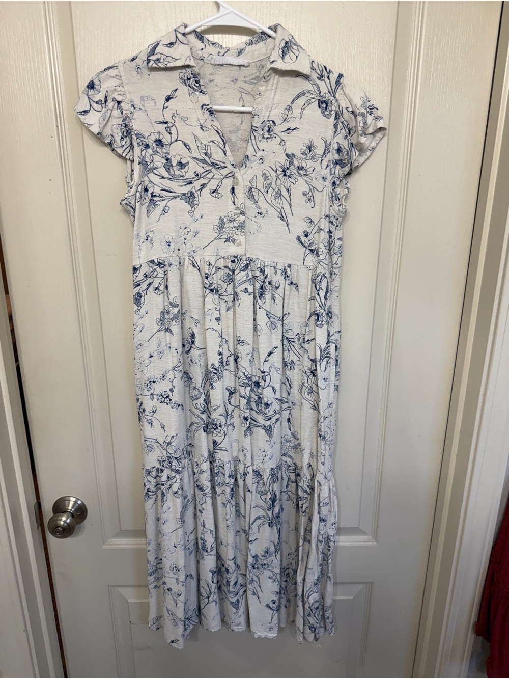 Blue Floral Midi Dress with Cap Sleeves